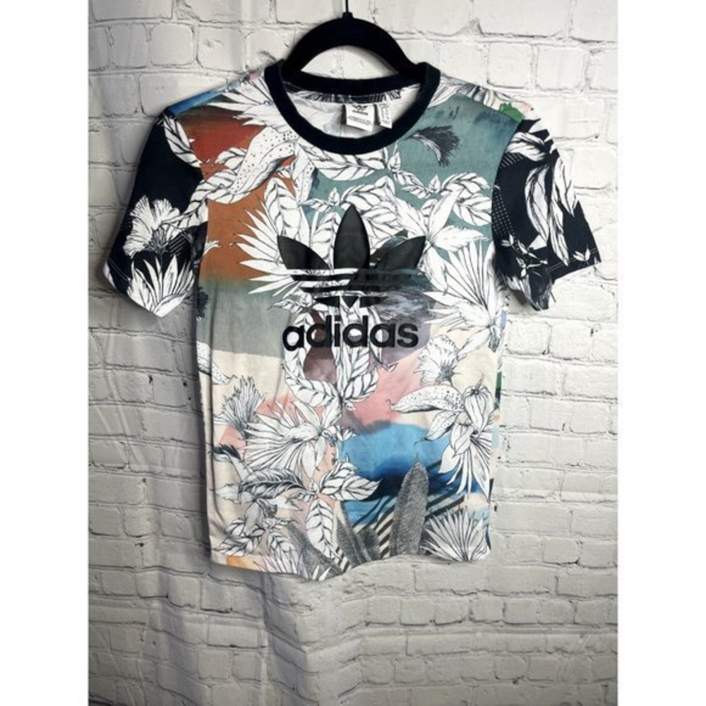 ADIDAS LADIES SHORT SLEEVE RETRO FLORAL ATHLETIC TOP SZ (XS) EUC E-39